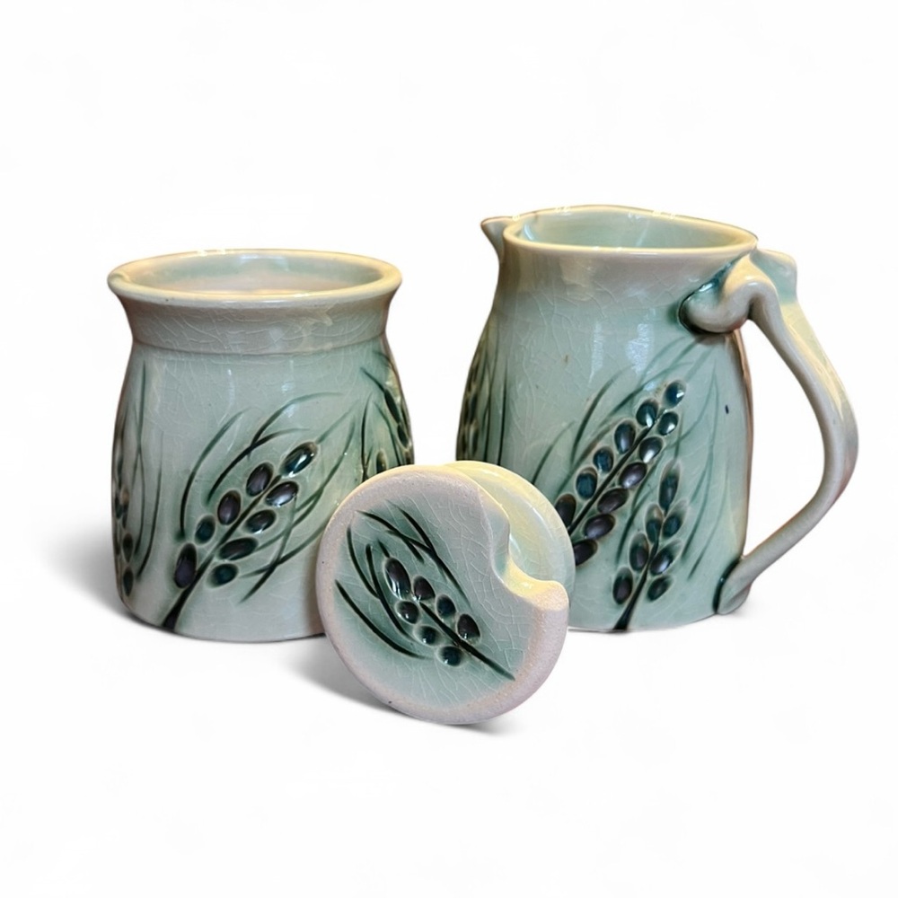 Vintage Signed Studio Pottery Creamer Sugar Set Celadon Crackle